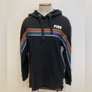 3/$15 PINK Victoria's Secret Black Rainbow Stripe Hoodie Sweatshirt Womens Small